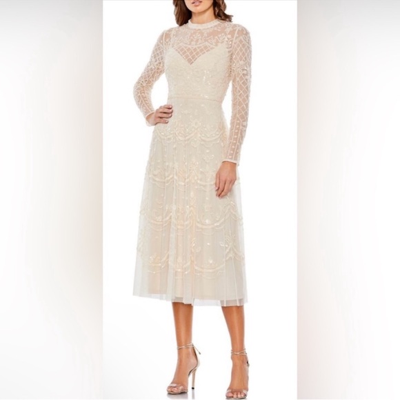 Mac Duggal Dresses & Skirts - MAC DUGGAL nude sequin three quarter sleeve midi dress
